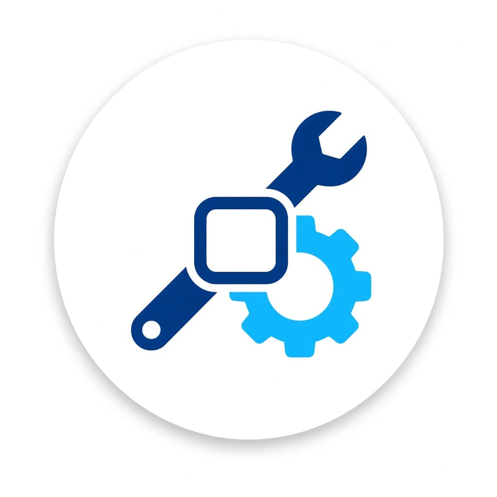Wrench and gear around a social app icon, representing digital account troubleshooting
