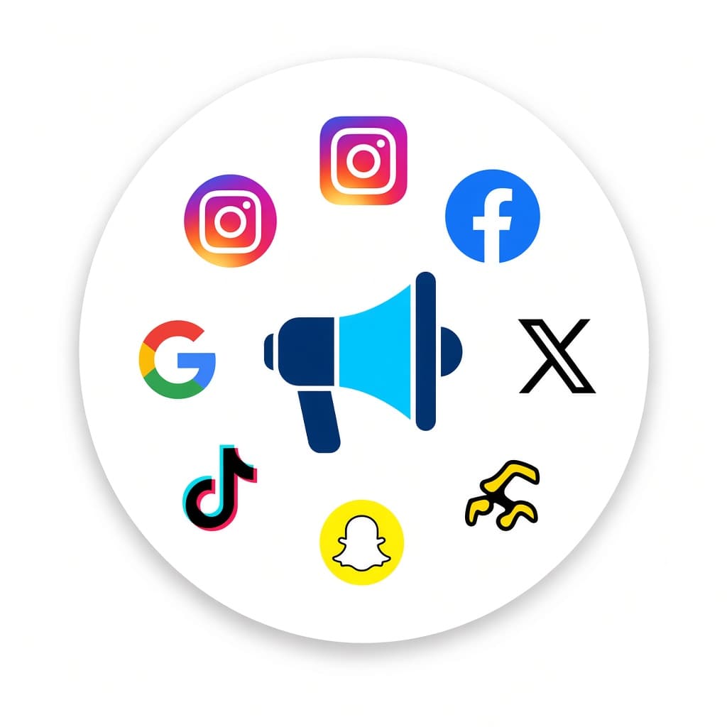 Megaphone surrounded by social platform marks for multi-platform ads